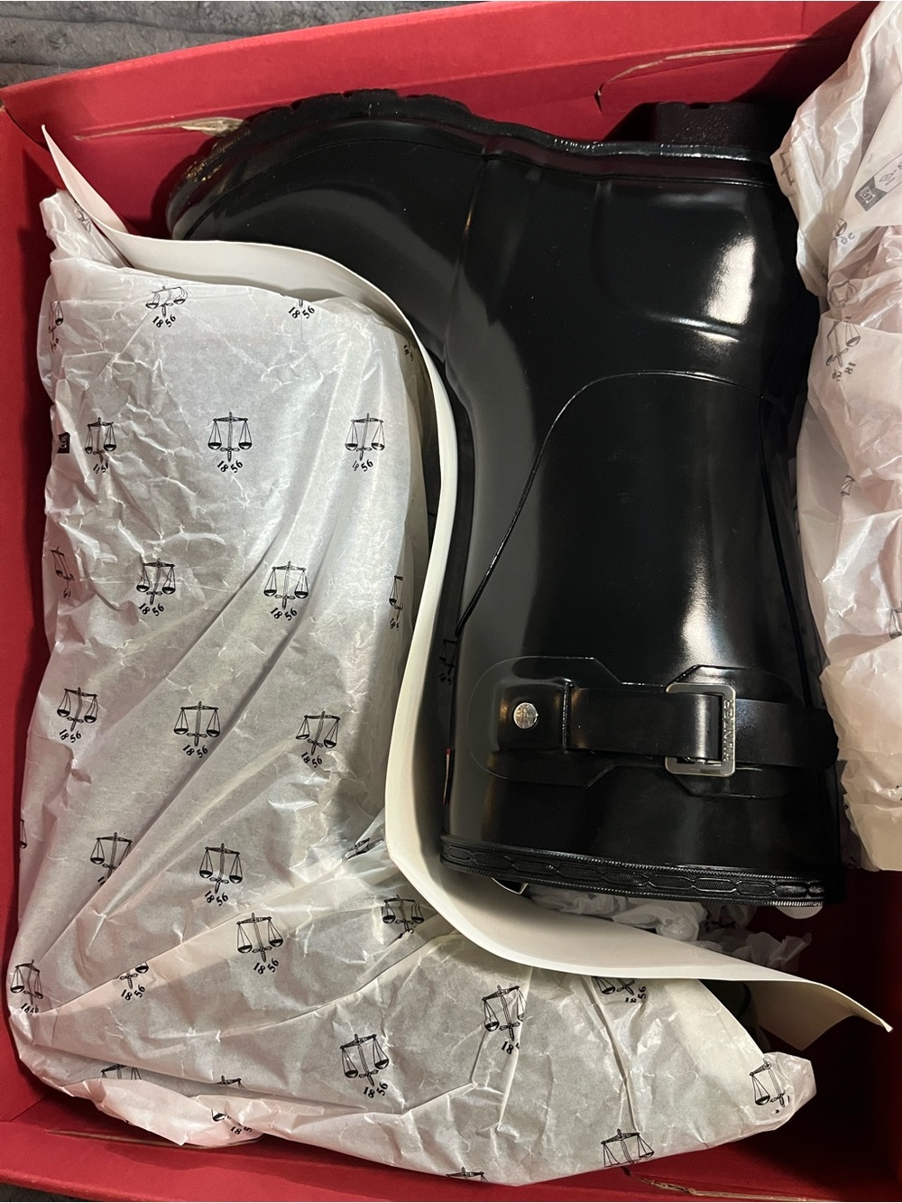 Hunter Black Gloss Mid Rain Boots with Buckle Accent new